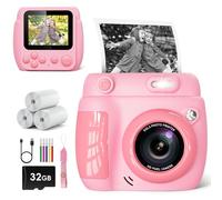 Cámara Instantánea para Niños Cumpleaños para Niños y Niñas 3-10 Años, Juguete Educativo con Video 1080P, Fotos 20MP, 3 Rollos de Papel & Tarjeta 32GB - Rosa