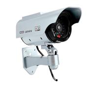 Cámara simulada de pared con piloto LED, diseño realista, adecuada para disuasión de robos y seguridad en interiores y exteriores.