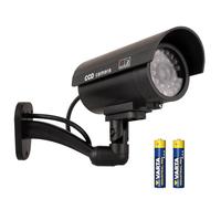 Cámara simulada exterior con LED IR - realista y resistente a la intemperie, incluye pilas AAA, pegatina de seguridad, color plateado o negro, protección para el hogar y la empresa (negro)