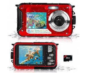 Cámara Subacuática 48 MP, Cámara Digital Impermeable con Vídeo 2.7K | Sumergible Hasta 3 M, Doble Pantalla Para Selfies, Tarjeta MicroSD de 32 GB Incluida y Batería de 650 mAh