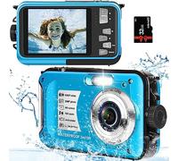Cámara subacuática con tarjeta de 32 GB, cámara impermeable de 10 pies, 30 MP FHD 1080P, zoom digital compacto de 16X, cámara digital submarina para niños, para esnórquel, azul