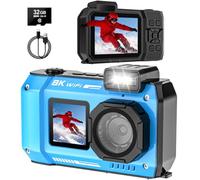 Cámara subacuática flotante UHD 8K 70MP, WiFi de 33 pies, impermeable, enfoque automático, selfie de doble pantalla, zoom 18X, batería de 2500 mAh con tarjeta de 32 GB para esnórquel