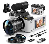 Cámaras digitales 8K para fotografía, cámara de vlogging de 64 MP con pantalla abatible de 180°, 2 baterías, tarjeta TF de 64 GB, zoom de 16X, WiFi, micrófono, kit de lentes anchos y macro (blanco)