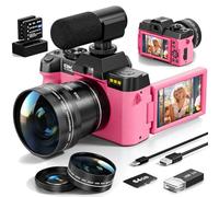 Cámaras digitales 8K para fotografía, cámara de vlogging de 64 MP con pantalla abatible de 180°, 2 baterías, tarjeta TF de 64 GB, zoom de 16X, WiFi, micrófono, kit de lentes anchos y macro (rosa claro