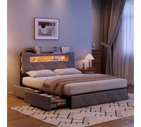 Camas Juveniles 160x200, Cama Doble Acolchada con 4 Cajones, Cama de Almacenamiento con Iluminación LED y Carga USB, para Adultos y Adolescentes, Terciopelo, Sin Colchón, Gris