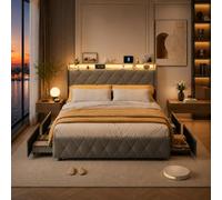 Camas Matrimoniales 160x200 con Almacenaje, Estructura Cama con Iluminación LED y Estación de Carga, Cama Juvenil con 4 Cajones, Cama Casal con Cabecero Tapizado, Terciopelo Gris