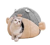 Camas para Gatos de Interior - Cama para Gatos con Almohada Acolchada extraíble Lavable, Suave Felpa de algodón de Primera Calidad Que no se deforma, diseño de casa de Gato de pez Globo Animado, Gris