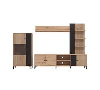 CAMBIA TUS MUEBLES CTM® Mueble Salón Avion 263x167x40 cm - Conjunto en Roble y Negro con Detalle Alistonado, Múltiples Módulos de Almacenaje, Estilo Contemporáneo Moderno