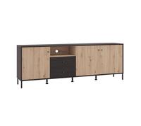 CAMBIA TUS MUEBLES CTM® Mueble TV Tania 208x73x40 cm - 4 Cuerpos con Puertas y Cajones, Diseño Moderno Alistonado en Ébano y Roble Artisan, Ideal Salón o Comedor