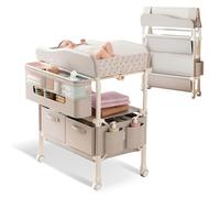 Cambiador Bebé, Cambiador bebe Plegable Portátil con Cesta Lateral, Altura Ajustable de 5 niveles, Ruedas Bloqueables, Organizador Multifuncional para Habitación Infantil, Carga 65kg (Gris)