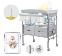 Cambiador Bebe Mueble con Luz Nocturna y Cajones, Mueble Cambiador Bebe Portatil de Altura Ajustable con Correa de Seguridad, Espacio de Almacenaje Extra Grande, Móvil Cómoda Cambiador Bebe, Gris