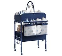 Cambiador Bebé Plegable con 2 Cajones, Altura Ajustable y Colchón Impermeable, Mueble Cambiador de Pañales Portátil con 4 Ruedas, Barra Colgante y Organizador de Guardería Salvaspazio, Azul