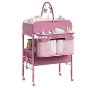 Cambiador Bebé Plegable con 2 Cajones, Altura Ajustable y Colchón Impermeable, Mueble Cambiador de Pañales Portátil con 4 Ruedas, Barra Colgante y Organizador de Guardería Salvaspazio, Rosa