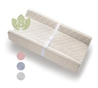 Cambiador contorneado de algodón orgánico | Cubrecolchón para mesa de pañales infantil de tamaño estándar con colchón impermeable incluye funda extraíble y lavable, correa de seguridad, parte inferior