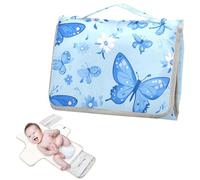 Cambiador de pañales reutilizable con bolsillo de pañuelos, cambiador de pañales portátil con almohada integrada, flores de mariposa azul