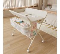 Cambiador móvil - Plano de cambio para bebé - Plegable, altura ajustable, cesta de almacenamiento, estantería, rueda bloqueable, 75 x 68 x 83 - 91 cm, color blanco leche