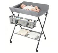 Cambiador plegable con cesta de almacenamiento, para el recién nacido, cambio de ropa y pañales, cambiador portátil con 4 ruedas, altura ajustable, 25 kg máx. (80 x 66 x 98 cm, gris)
