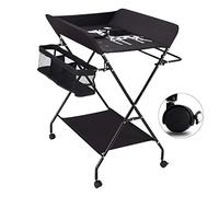 Cambiador plegable para bebé, cambiador con estantes, cojín con escala de altura, cambiador ancho de 31,5 x 24,8 pulgadas, cinturón de seguridad y compartimentos y regla de altura (negro con ruedas)