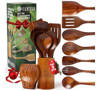 CAMBLA utensilios de cocina cucharas de madera teca set de 9 piezas,espatulas palas, cucharones, soporte,accesorios 100% natural y sostenibles cuida tus sartenes