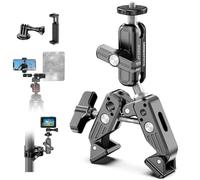 CAMBOFOTO Super Clamp con cabezal de bola doble de 360°, brazo mágico, abrazadera en forma de cangrejo, rosca de 1/4" y 3/8", compatible con GoPro, trípode de mesa, LCD, DV, Insta360, luz flash (negro