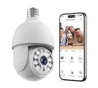 Camcamp 4MP - Bombilla para cámara de vigilancia WiFi exterior inalámbrica, PTZ 360 grados, alarma sirena, cámara oculta, visión nocturna color, 2K vídeo seguridad inteligente para el hogar exterior