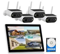 Camcamp Cámara de seguridad solar con monitor IPS de 10 pulgadas y 500 GB HDD, cámara solar inalámbrica de 4 MP para batería exterior, visión nocturna a todo color, reconocimiento de persona PIR