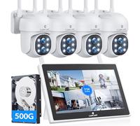 CAMCAMP Kit Cámaras de Vigilancia WiFi Exterior con Doble Lente, 10CH 500GB HDD NVR con 10.1" Monitor, Detección de Humano, Seguimiento Automático, Visión Nocturna Color, Grabación Continua