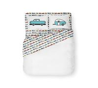 Camco Life is Better at The Campsite (53299) - Juego de sábanas de tamaño Queen para Caravana, diseño de Estampado de caravanas sobre Fondo Blanco, poliéster Suave al Tacto, Juego de 4 Piezas