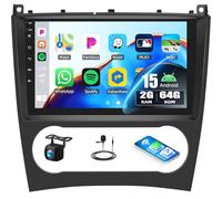 CAMECHO 2G+64G Android 15 Radio para Mercedes Benz C Klasse W203 W209 C180 C200,9" de Pantalla de Radio de Doble DIN con Carplay Android Auto Mirror Link WiFi RDS/FM Bluetooth y EQ+Cámara Trasera
