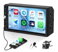 CAMECHO Autoradio 2 DIN con Wired Carplay/Android Auto, Autoradio Doble DIN con Mirror Link Bluetooth Sistema Manos Libres 7 Pulgadas Pantalla Radio FM USB AUX +Cámara de Respaldo