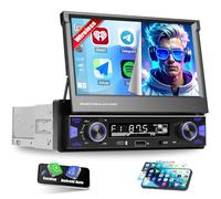 CAMECHO Radio de Coche 1 Din con Pantalla Táctil HD Inalámbrica Carplay, 7 Pulgadas Pantalla Retráctil Manual de Radio Bluetooth con Android Auto FM/AM/RDS Manos Libres Mirror Link Control del Volante
