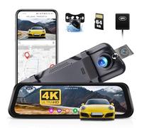 CAMECHO Retrovisor 4K 9. 66" Mirror Dash CAM Coche con Cámara 1080P, Delantera 150° y Trasera Dashcam 120° con ADAS y BSD Línea Inversa, Visión Nocturna, Sensor G, GPS y Tarjeta de 64 GB WiFi