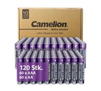 Camelion Pilas alcalinas Ultra AA - AAA 120 unidades, pilas 10 años de duración, respetuoso con el medio ambiente, batería AA, pilas digitales, iluminación navideña (60 x AA / 60 x AAA)