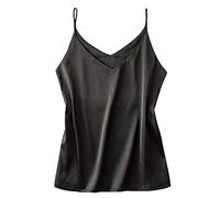 Cami Top de satén para mujer, color negro, sin mangas, básico, tirantes delgados, cuello en V, camisola de verano, blusa de satén suave, monocolor, camisón de noche, camiseta de tirantes, Negro , L