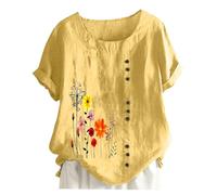 Camicetta a Maniche Corte ampia con Stampa Vintage in Cotone e Lino con Girocollo da Donna Camisas Mujer Manga Larga Elegantes Talla Grande (b-Yellow, S)