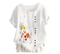 Camicetta a Maniche Corte ampia con Stampa Vintage in Cotone e Lino con Girocollo da Donna Camisas Mujer Manga Larga Elegantes Talla Grande (b-White, S)