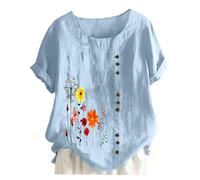 Camicetta a Maniche Corte ampia con Stampa Vintage in Cotone e Lino con Girocollo da Donna Camisas Mujer Manga Larga Elegantes Talla Grande (b-Blue, XXL)