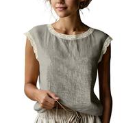 Camicette da Donna in Lino, Maniche Corte, rifiniture in Pizzo, scollo Rotondo, Senza Maniche, estive, eleganti, Casual, vestibilità ampia, perfette per le vacanze. (Khaki,L)