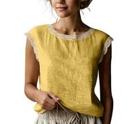 Camicette da Donna in Lino, Maniche Corte, rifiniture in Pizzo, scollo Rotondo, Senza Maniche, estive, eleganti, Casual, vestibilità ampia, perfette per le vacanze. (Yellow,M)