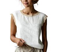Camicette da Donna in Lino, Maniche Corte, rifiniture in Pizzo, scollo Rotondo, Senza Maniche, estive, eleganti, Casual, vestibilità ampia, perfette per le vacanze. (White,XL)