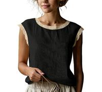 Camicette da Donna in Lino, Maniche Corte, rifiniture in Pizzo, scollo Rotondo, Senza Maniche, estive, eleganti, Casual, vestibilità ampia, perfette per le vacanze. (Black,XL)