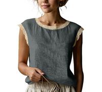 Camicette da Donna in Lino, Maniche Corte, rifiniture in Pizzo, scollo Rotondo, Senza Maniche, estive, eleganti, Casual, vestibilità ampia, perfette per le vacanze. (Gray,M)