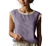Camicette da Donna in Lino, Maniche Corte, rifiniture in Pizzo, scollo Rotondo, Senza Maniche, estive, eleganti, Casual, vestibilità ampia, perfette per le vacanze. (Purple,XXL)