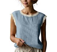 Camicette da Donna in Lino, Maniche Corte, rifiniture in Pizzo, scollo Rotondo, Senza Maniche, estive, eleganti, Casual, vestibilità ampia, perfette per le vacanze. (Blue,L)