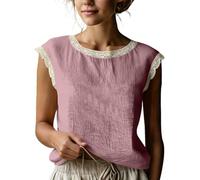 Camicette da Donna in Lino, Maniche Corte, rifiniture in Pizzo, scollo Rotondo, Senza Maniche, estive, eleganti, Casual, vestibilità ampia, perfette per le vacanze. (Pink,XXL)