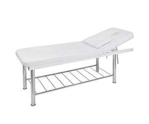 Camilla de estética Ilim: Estructura fija cromada de dos cuerpos, inclinación del respaldo manual y agujero facial