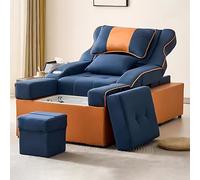 Camilla de masaje con champú, terapia de cabeza con ciclo de agua, respaldo ajustable eléctricamente, pediluvio y diseño moderno de colores en contraste.