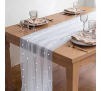 Caminito de Mesa de Tul con Perlas 150 x 210 cm, Mantel de Organza con Borde de Perlas, Decoración para Boda, Fiesta de Novia, Cumpleaños y Cocina (D)