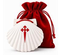 Camino Crew - Concha de peregrino con cordón rojo y bolsa de almacenamiento roja, acabado en A Estrada cerca de Santiago de Compostela, concha brillante con cruz de Santiago, equipo del Camino de