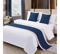 Camino de Cama de crepé de Lino de algodón de Color sólido con Rayas en Ambos Lados, Bufanda para Cama Doble tamaño King para hogar u Hotel, Colcha Sencilla-Blue|| 50x260cm for 2m Bed